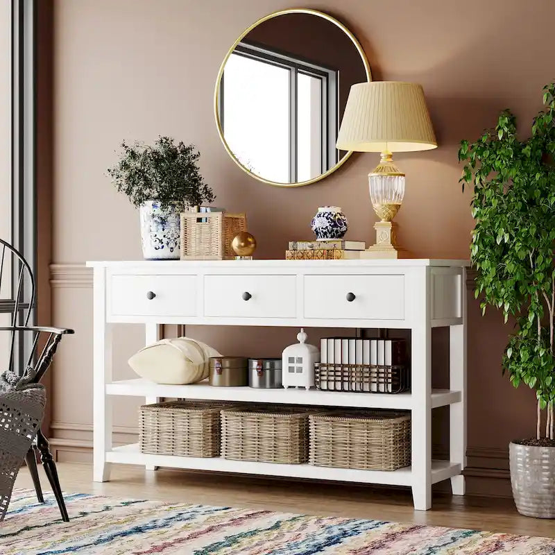Console rétro avec deux étagères ouvertes, cadre et pieds en bois de pin massif pour salon