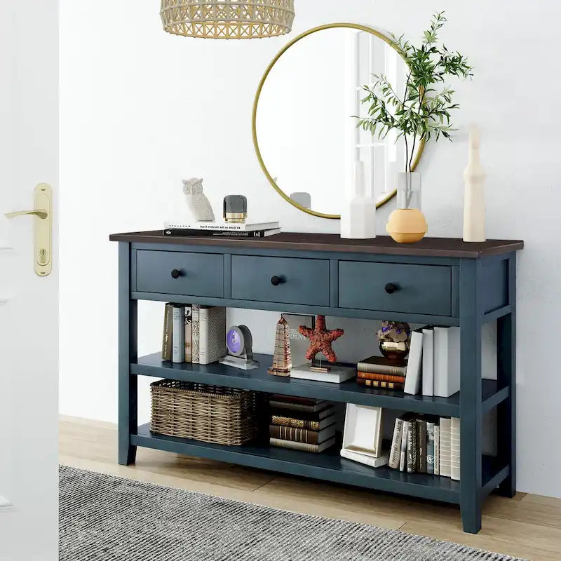 Console rétro avec deux étagères ouvertes, cadre et pieds en bois de pin massif pour salon