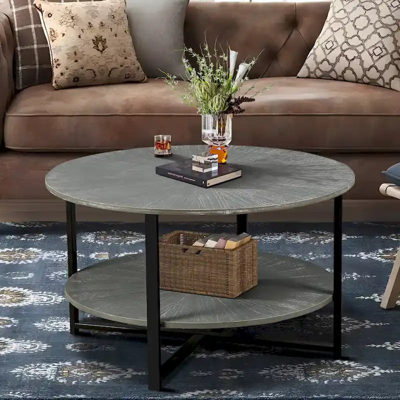 Table basse ronde de ferme de 31,5 pouces avec rangement à 2 niveaux et pieds en métal