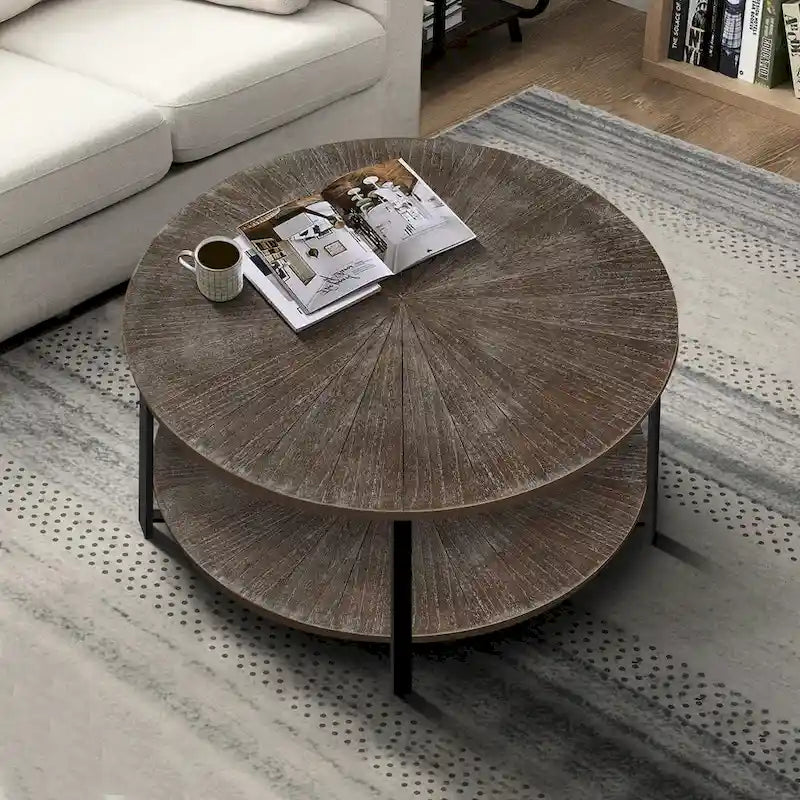 Table basse ronde de ferme de 31,5 pouces avec rangement à 2 niveaux et pieds en métal