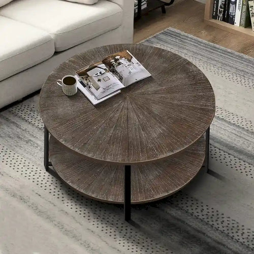 Table basse ronde de ferme de 31,5 pouces avec rangement à 2 niveaux et pieds en métal