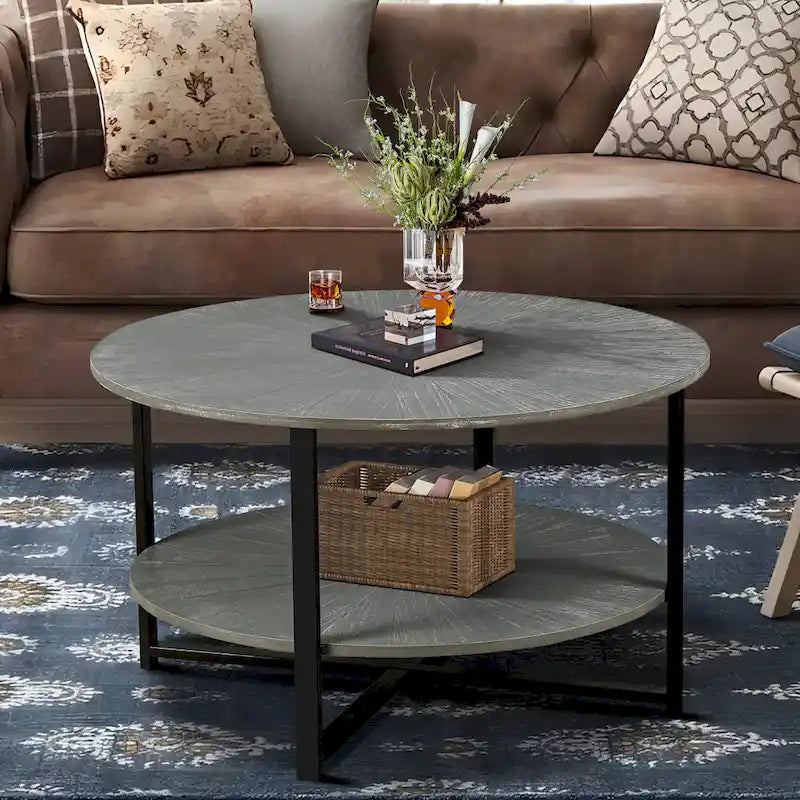Table basse ronde de ferme de 31,5 pouces avec rangement à 2 niveaux et pieds en métal