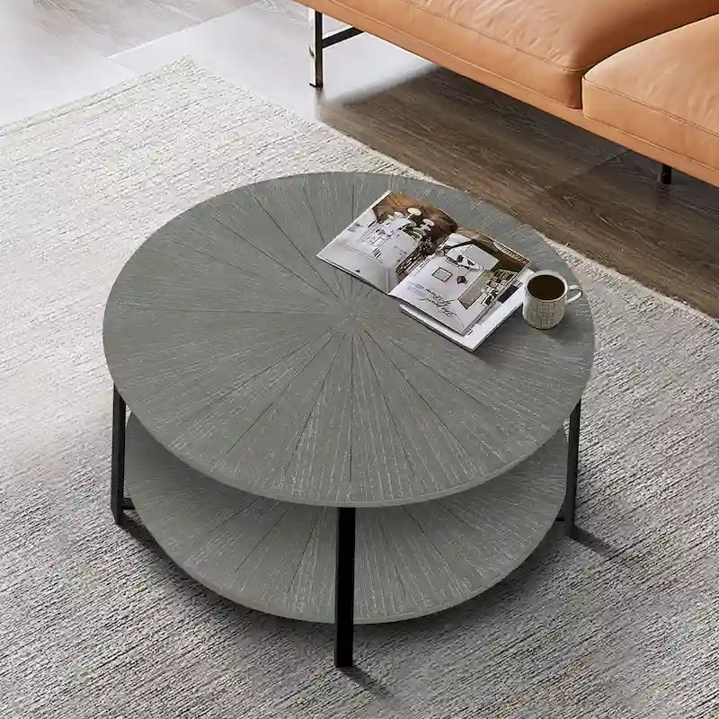 Table basse ronde de ferme de 31,5 pouces avec rangement à 2 niveaux et pieds en métal
