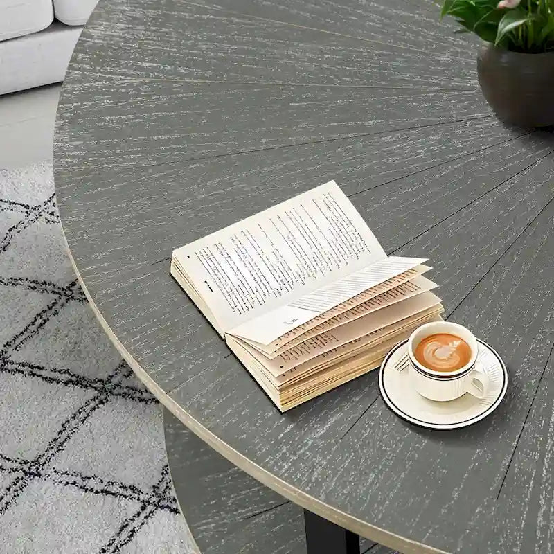 Table basse ronde de ferme de 31,5 pouces avec rangement à 2 niveaux et pieds en métal