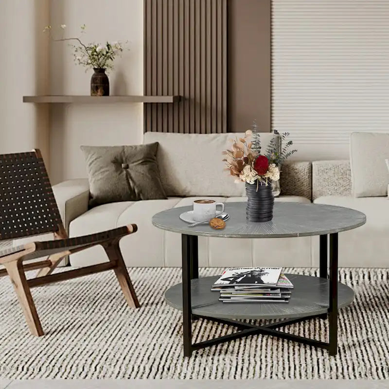 Table basse ronde de ferme de 31,5 pouces avec rangement à 2 niveaux et pieds en métal