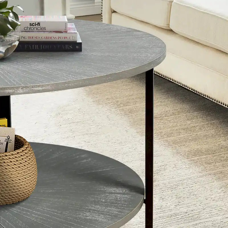 Table basse ronde de ferme de 31,5 pouces avec rangement à 2 niveaux et pieds en métal