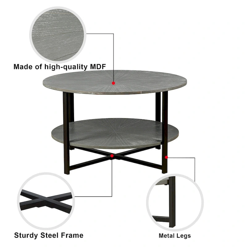 Table basse ronde de ferme de 31,5 pouces avec rangement à 2 niveaux et pieds en métal