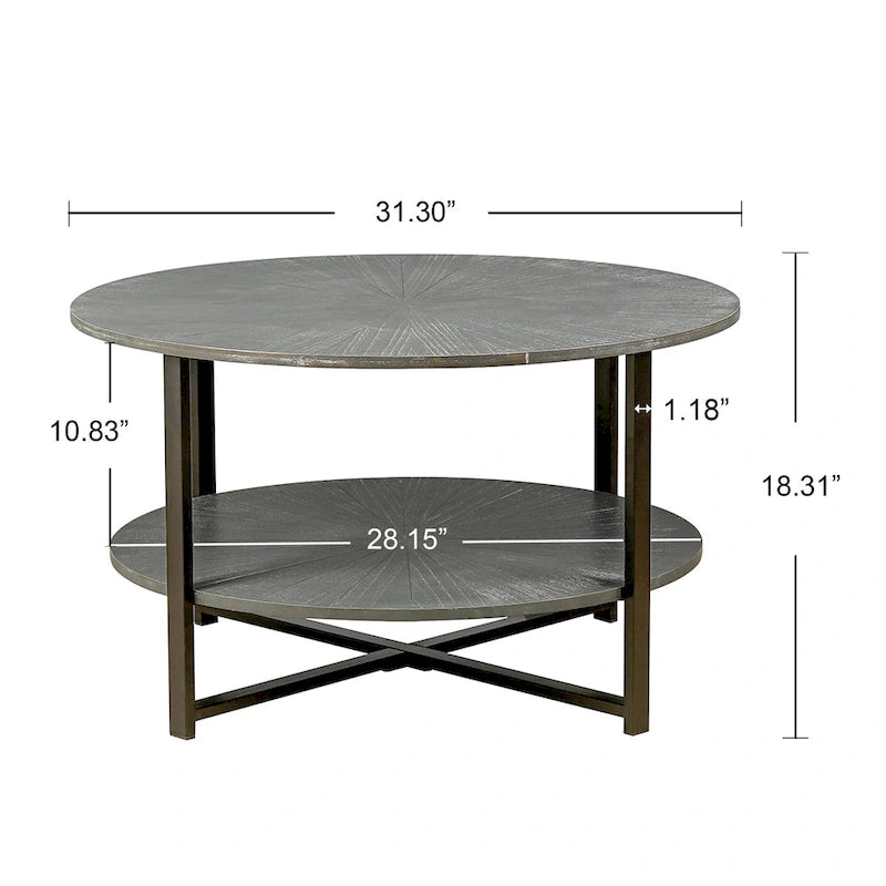 Table basse ronde de ferme de 31,5 pouces avec rangement à 2 niveaux et pieds en métal