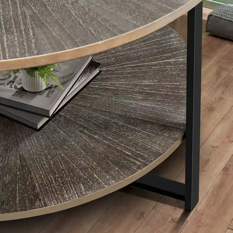 Table basse ronde de ferme de 31,5 pouces avec rangement à 2 niveaux et pieds en métal