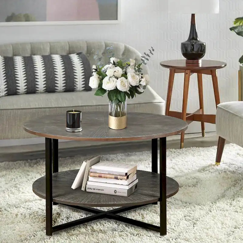 Table basse ronde de ferme de 31,5 pouces avec rangement à 2 niveaux et pieds en métal