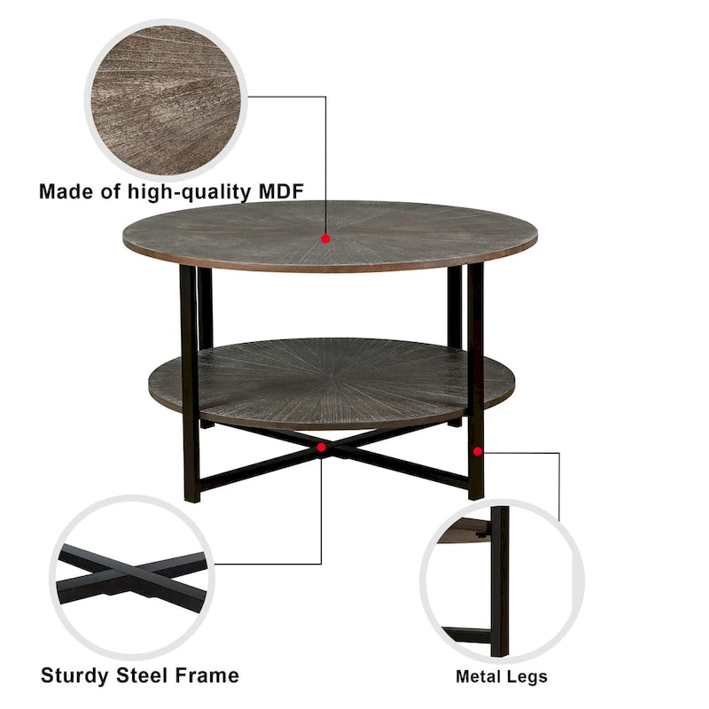 Table basse ronde de ferme de 31,5 pouces avec rangement à 2 niveaux et pieds en métal