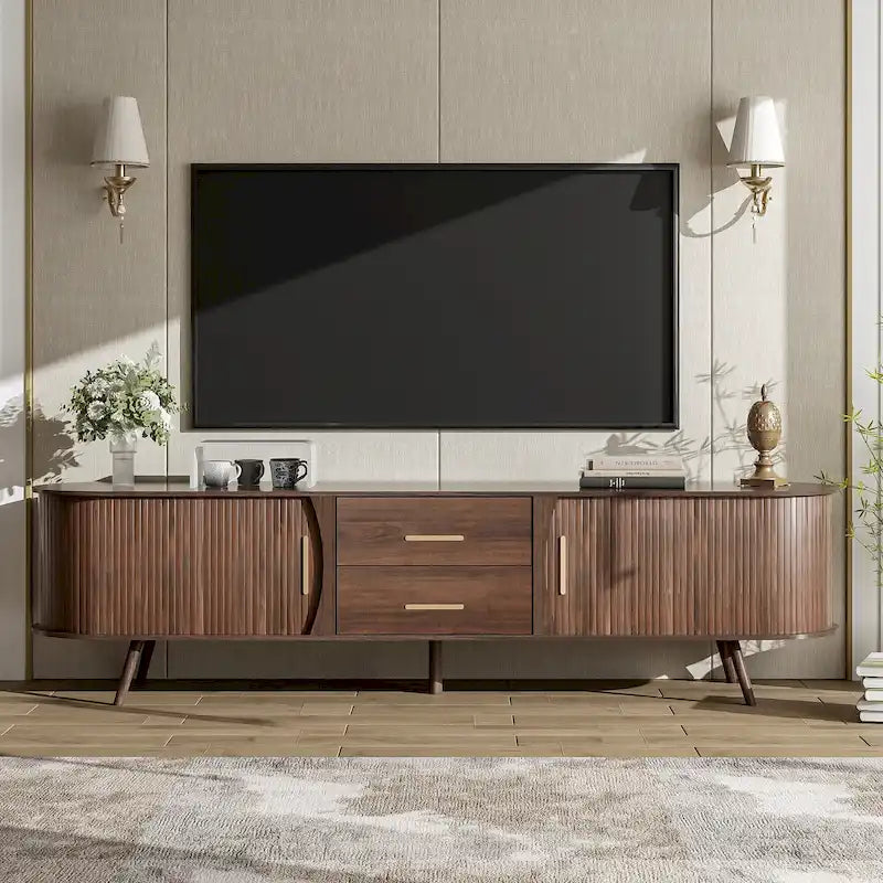 Meuble TV scandinave pour téléviseur de 80", Meuble de salon avec rangements, Console multimédia avec 2 tiroirs