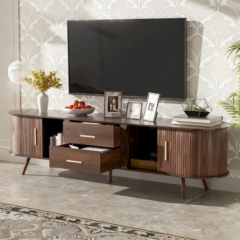 Meuble TV scandinave pour téléviseur de 80", Meuble de salon avec rangements, Console multimédia avec 2 tiroirs
