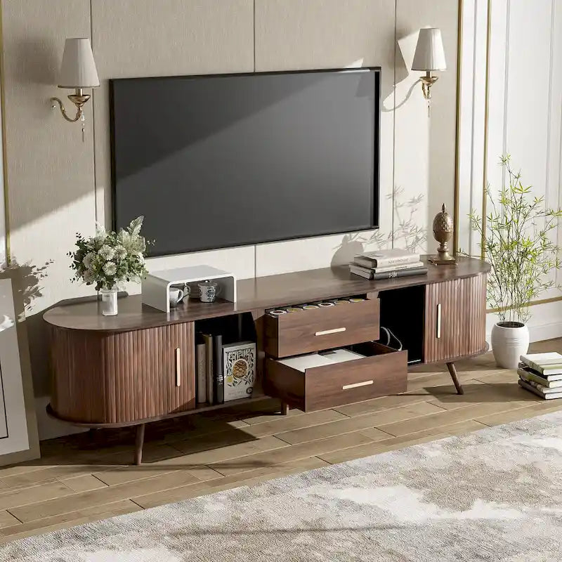 Meuble TV scandinave pour téléviseur de 80", Meuble de salon avec rangements, Console multimédia avec 2 tiroirs