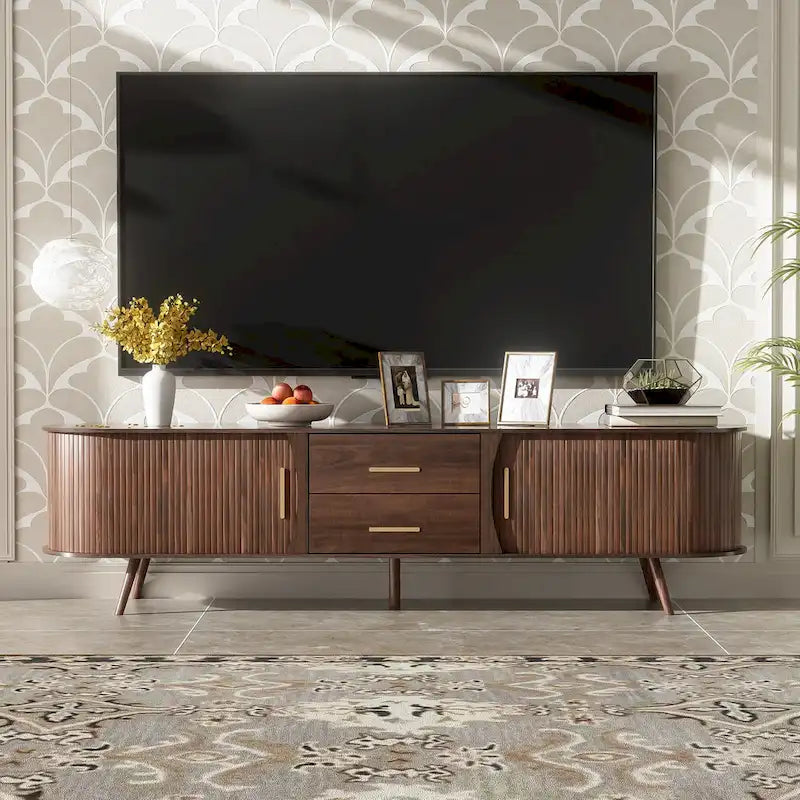 Meuble TV scandinave pour téléviseur de 80", Meuble de salon avec rangements, Console multimédia avec 2 tiroirs