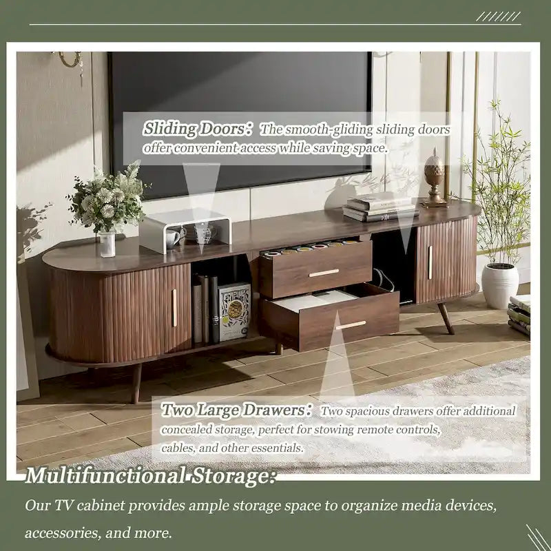 Meuble TV scandinave pour téléviseur de 80", Meuble de salon avec rangements, Console multimédia avec 2 tiroirs