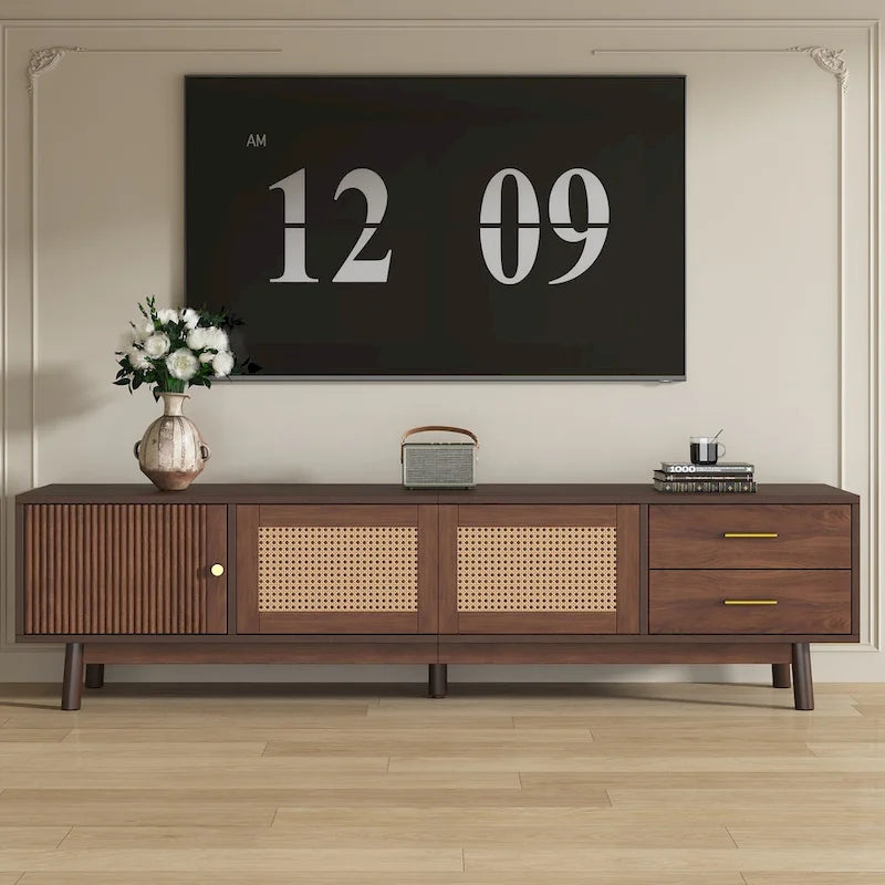 Meuble TV scandinave pour téléviseur de 80", Meuble de salon avec rangements, Console multimédia avec 2 tiroirs