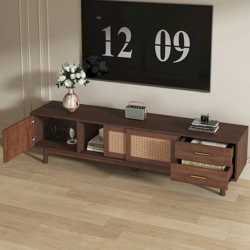 Meuble TV scandinave pour téléviseur de 80", Meuble de salon avec rangements, Console multimédia avec 2 tiroirs