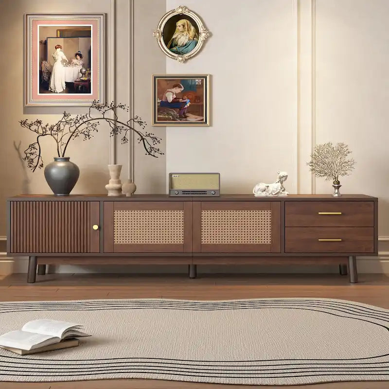 Meuble TV scandinave pour téléviseur de 80", Meuble de salon avec rangements, Console multimédia avec 2 tiroirs