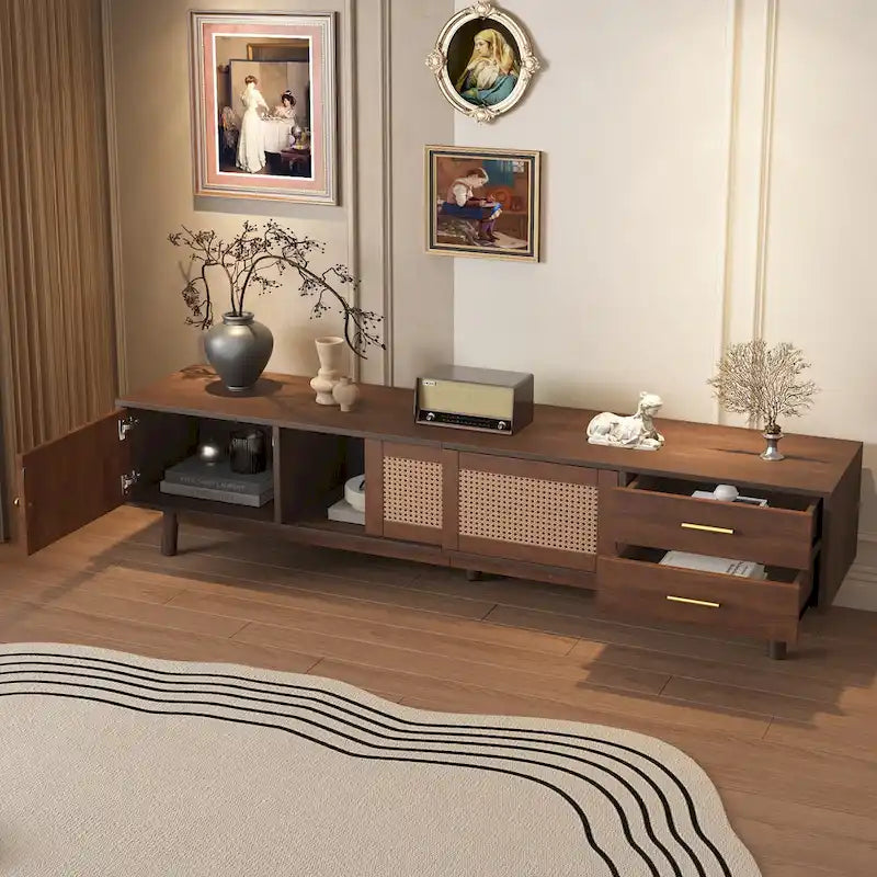 Meuble TV scandinave pour téléviseur de 80", Meuble de salon avec rangements, Console multimédia avec 2 tiroirs