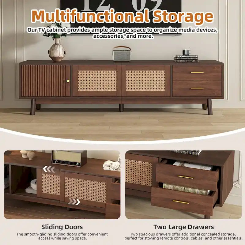 Meuble TV scandinave pour téléviseur de 80", Meuble de salon avec rangements, Console multimédia avec 2 tiroirs