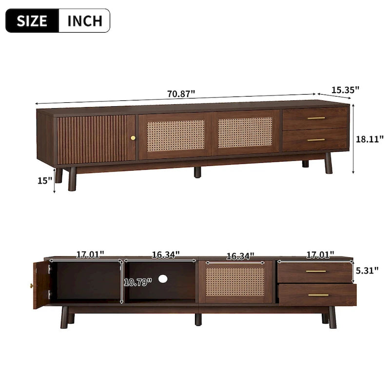 Meuble TV scandinave pour téléviseur de 80", Meuble de salon avec rangements, Console multimédia avec 2 tiroirs