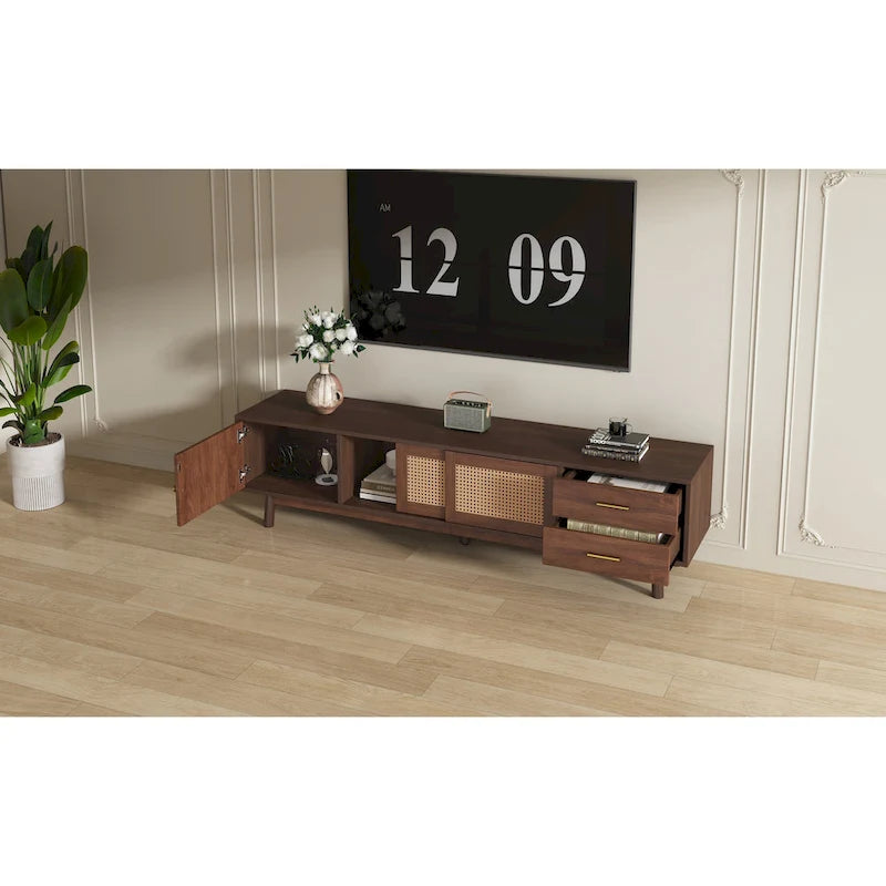 Meuble TV scandinave pour téléviseur de 80", Meuble de salon avec rangements, Console multimédia avec 2 tiroirs