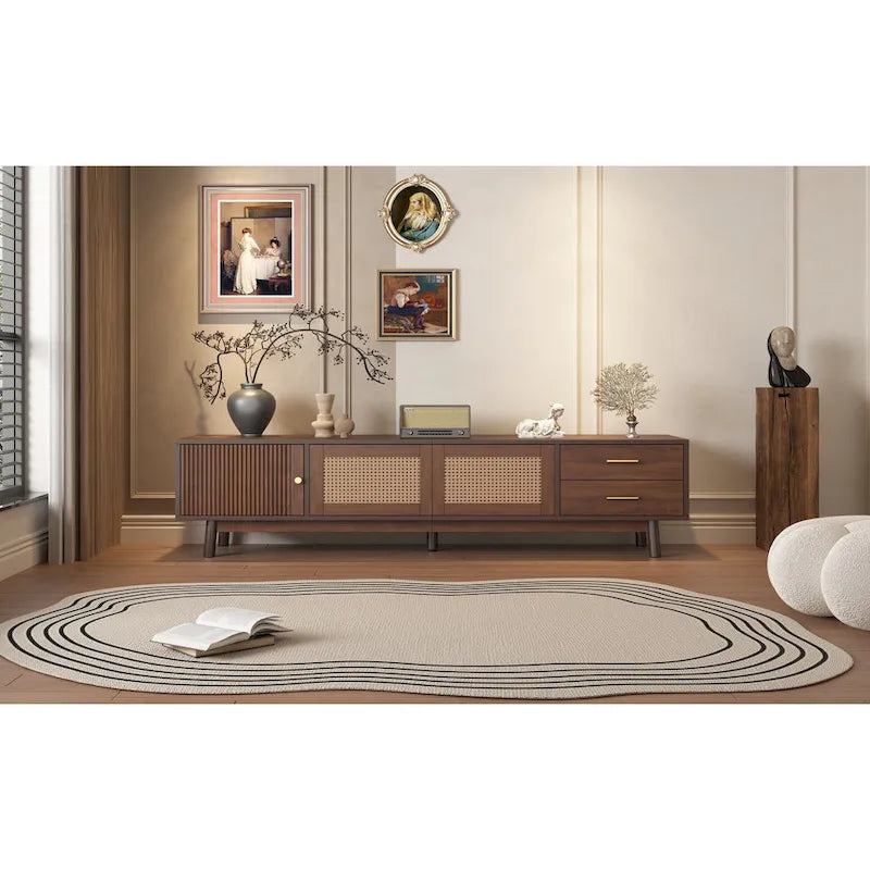 Meuble TV scandinave pour téléviseur de 80", Meuble de salon avec rangements, Console multimédia avec 2 tiroirs