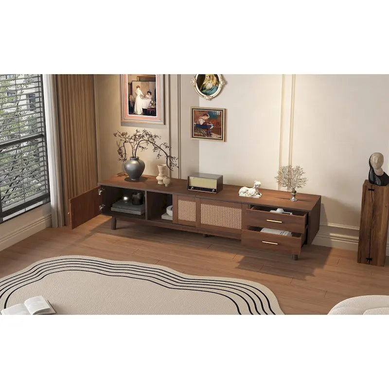 Meuble TV scandinave pour téléviseur de 80", Meuble de salon avec rangements, Console multimédia avec 2 tiroirs