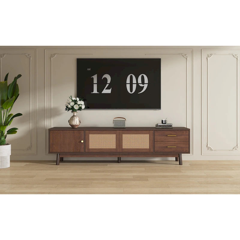 Meuble TV scandinave pour téléviseur de 80", Meuble de salon avec rangements, Console multimédia avec 2 tiroirs