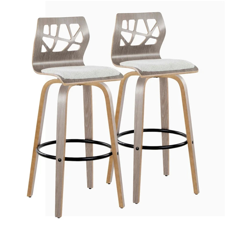 Tabouret de bar à hauteur fixe, pieds en bois courbé et repose-pieds rond (lot de 2)
