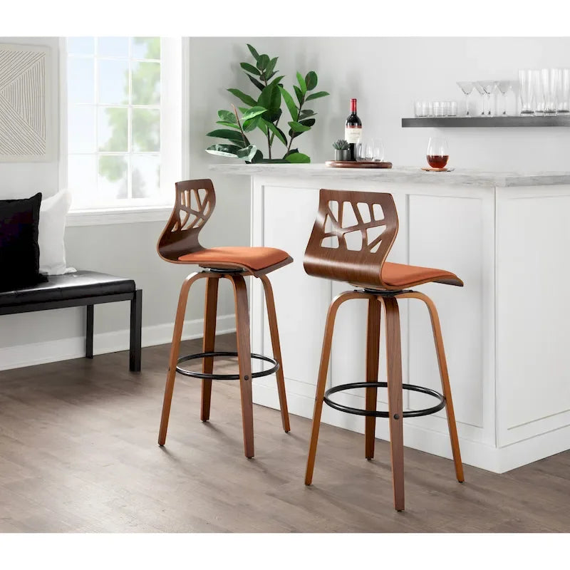 Tabouret de bar à hauteur fixe, pieds en bois courbé et repose-pieds rond (lot de 2)