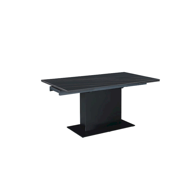 Table extensible en pierre frittée avec piétement en bois et base en verre