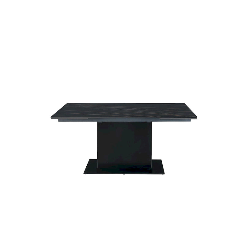 Table extensible en pierre frittée avec piétement en bois et base en verre