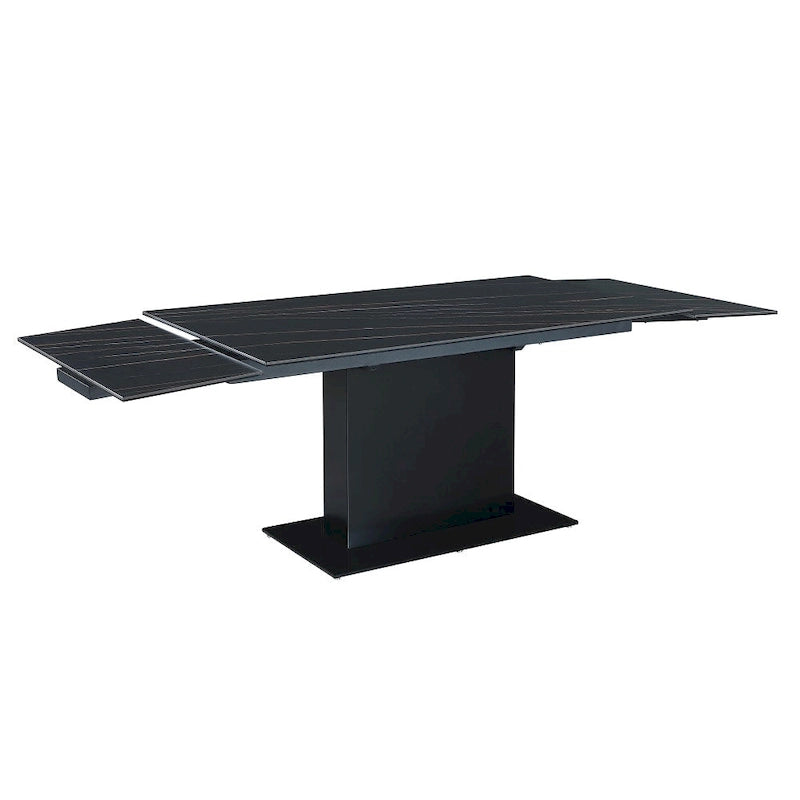 Table extensible en pierre frittée avec piétement en bois et base en verre