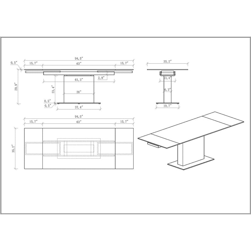 Table extensible en pierre frittée avec piétement en bois et base en verre