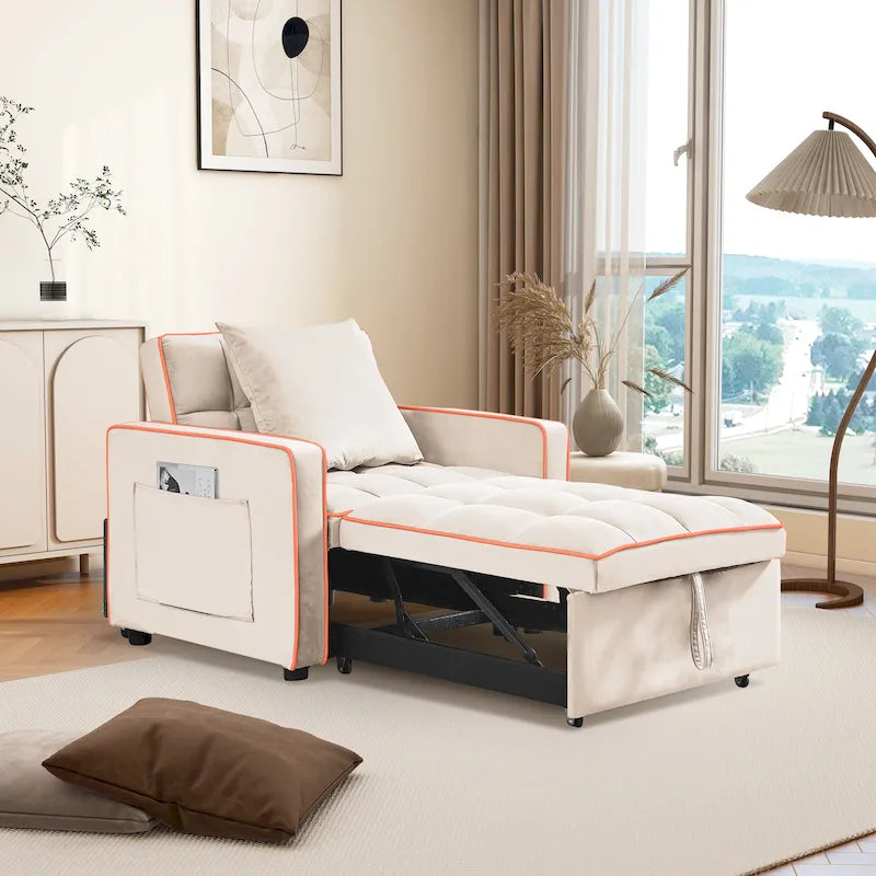 Fauteuil-lit simple convertible en velours avec dossier réglable et poche de rangement