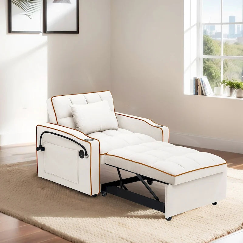 Fauteuil-lit simple convertible en velours avec dossier réglable et poche de rangement