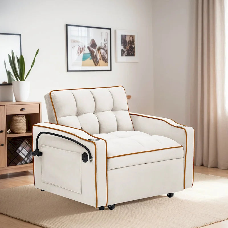 Fauteuil-lit simple convertible en velours avec dossier réglable et poche de rangement