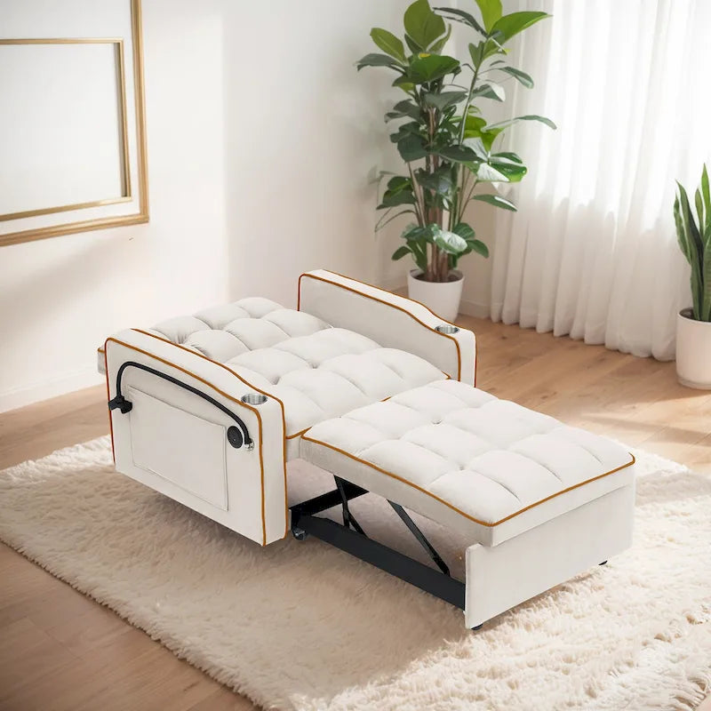 Fauteuil-lit simple convertible en velours avec dossier réglable et poche de rangement