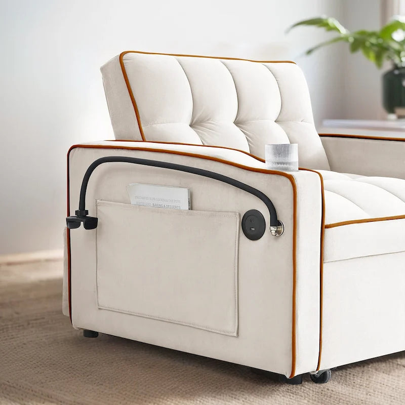 Fauteuil-lit simple convertible en velours avec dossier réglable et poche de rangement