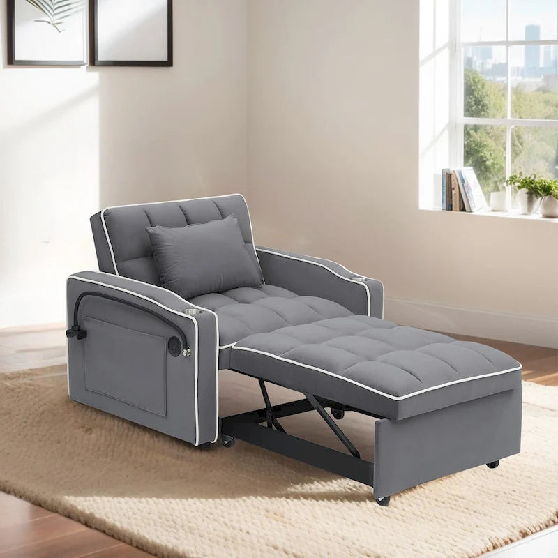 Fauteuil-lit simple convertible en velours avec dossier réglable et poche de rangement
