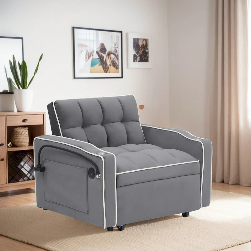 Fauteuil-lit simple convertible en velours avec dossier réglable et poche de rangement