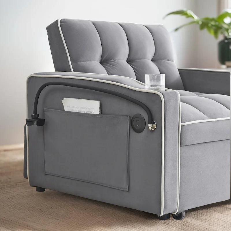Fauteuil-lit simple convertible en velours avec dossier réglable et poche de rangement