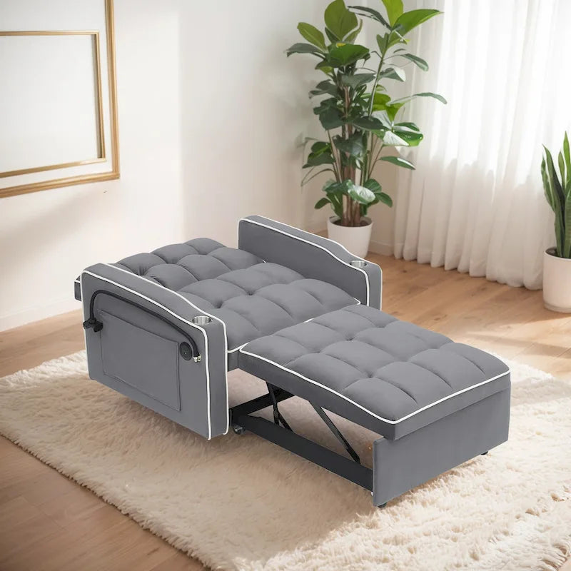 Fauteuil-lit simple convertible en velours avec dossier réglable et poche de rangement