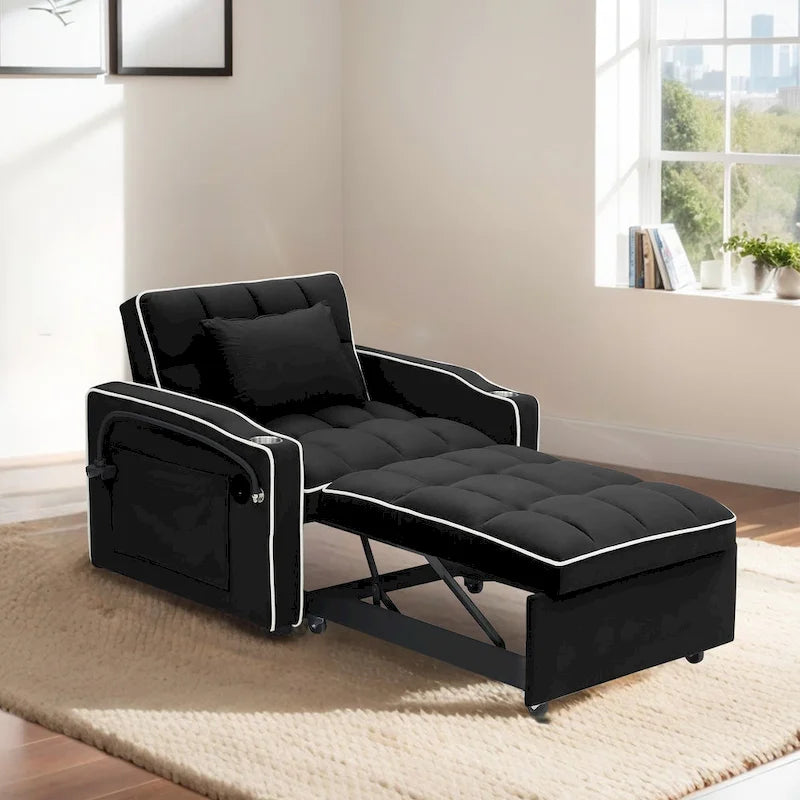 Fauteuil-lit simple convertible en velours avec dossier réglable et poche de rangement