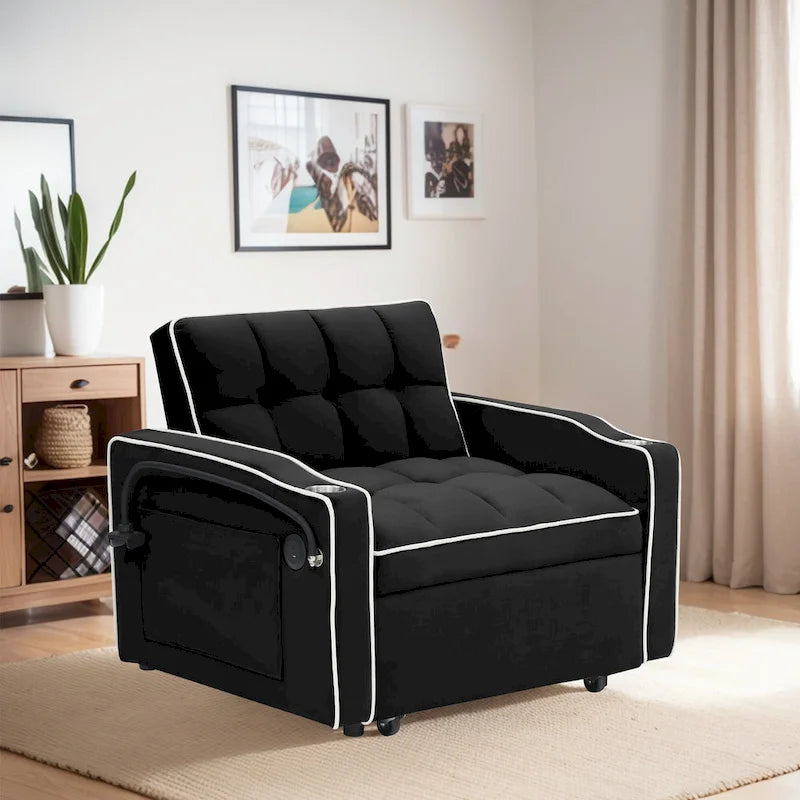 Fauteuil-lit simple convertible en velours avec dossier réglable et poche de rangement
