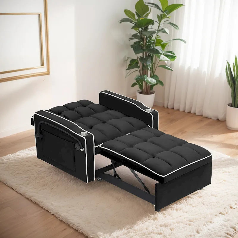 Fauteuil-lit simple convertible en velours avec dossier réglable et poche de rangement
