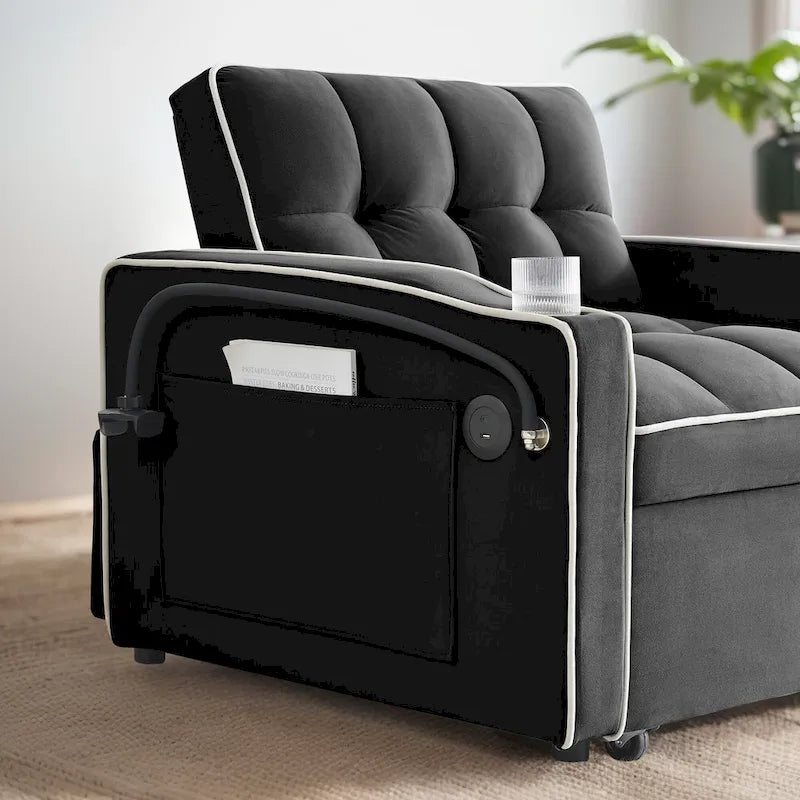Fauteuil-lit simple convertible en velours avec dossier réglable et poche de rangement