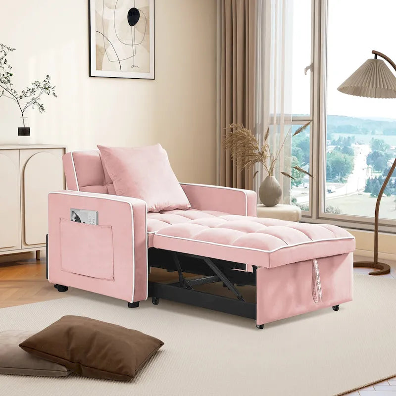 Fauteuil-lit simple convertible en velours avec dossier réglable et poche de rangement